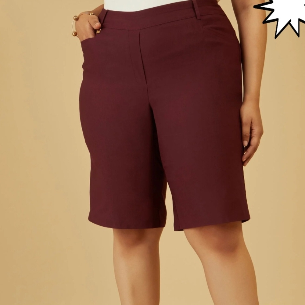 NWT Ashley Stewart Burgundy High Rise Twill Bermuda Shorts Size 22/24